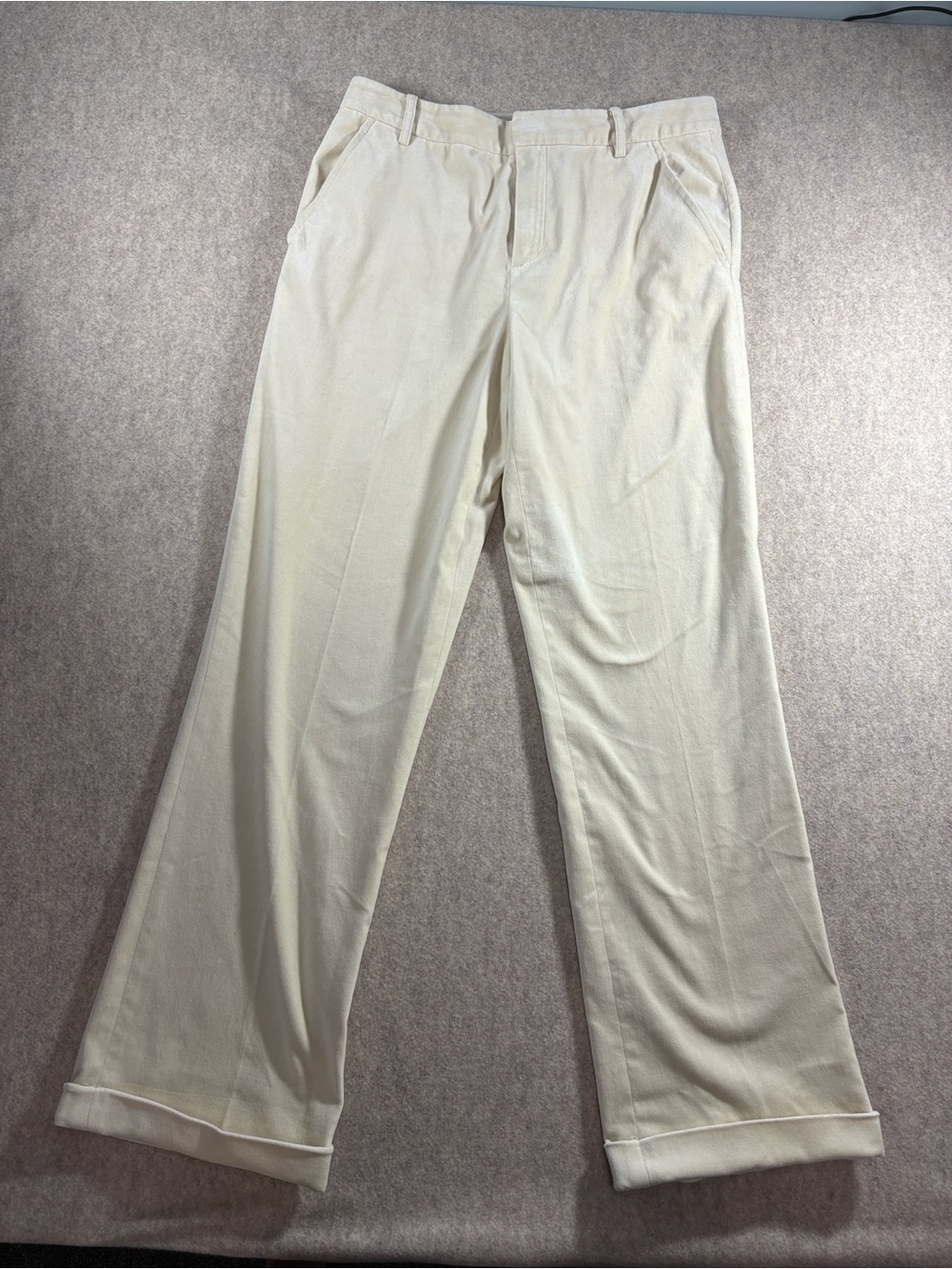Vintage Lauren Ralph Lauren Cream Velvet Pants 6 Y2K Cuffed Wide Leg Trousers